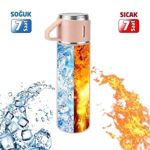 6006 Kupa Bardaklı Paslanmaz Çelik Termos Seti 500 ml - Pembe